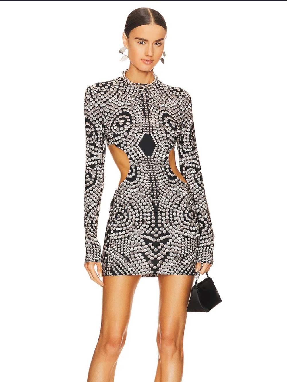 NWT Norma Kamali Black & Silver Studded Cut-Out Mini Dress, size XS